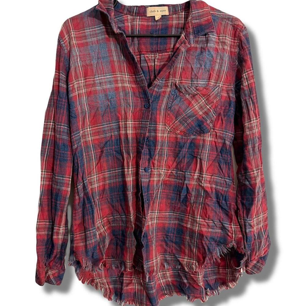 Cloth & Stone Women's Red Blue Plaid Frayed Hem Button Down Shirt Size Large